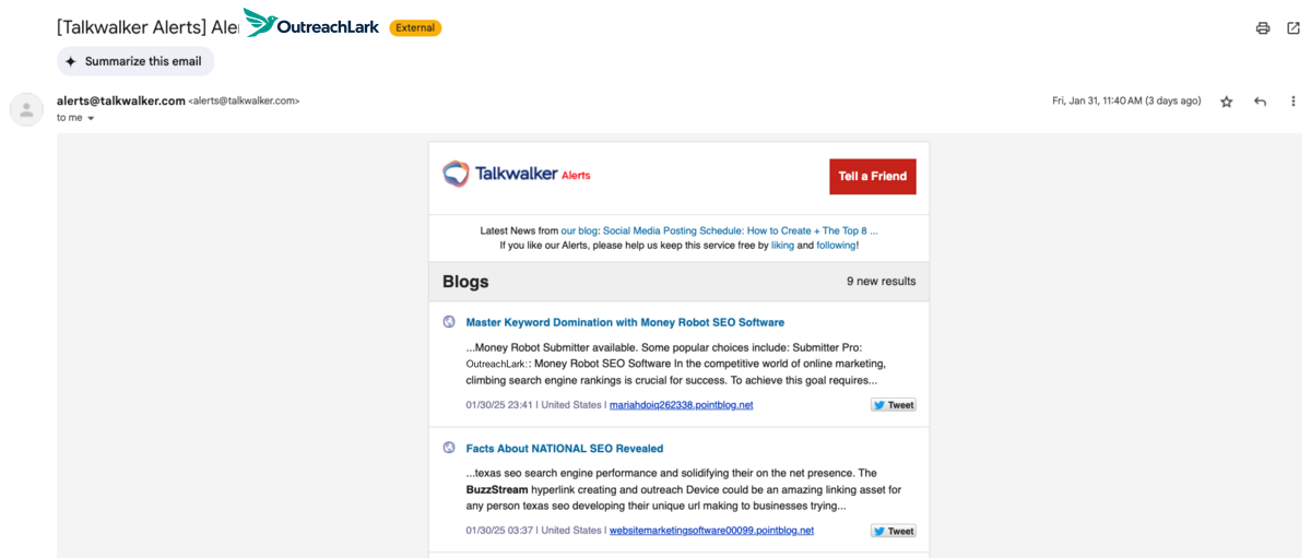 talkwalker email shows the mentions of our brand