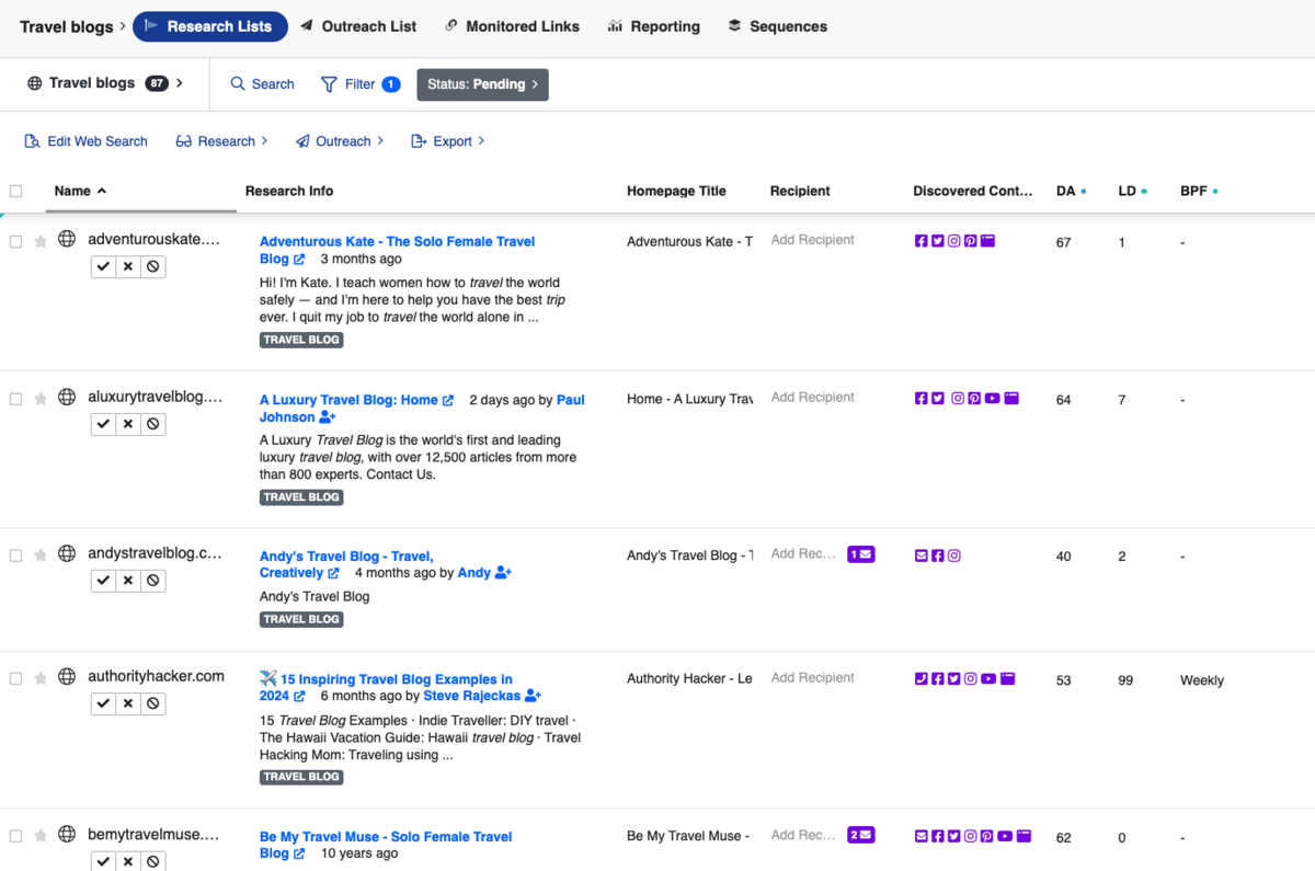 research lists screenshot from OutreachLark