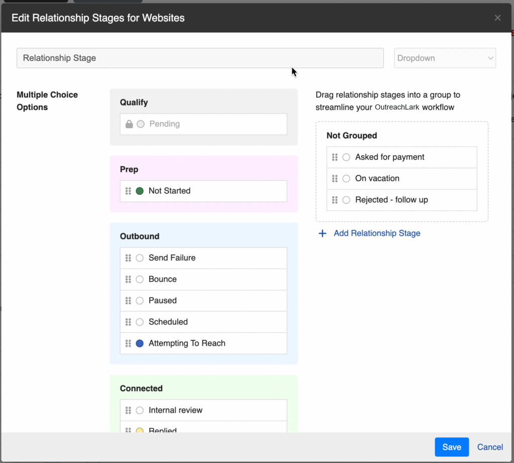 Associate a relationship stage with a project phase in OutreachLark