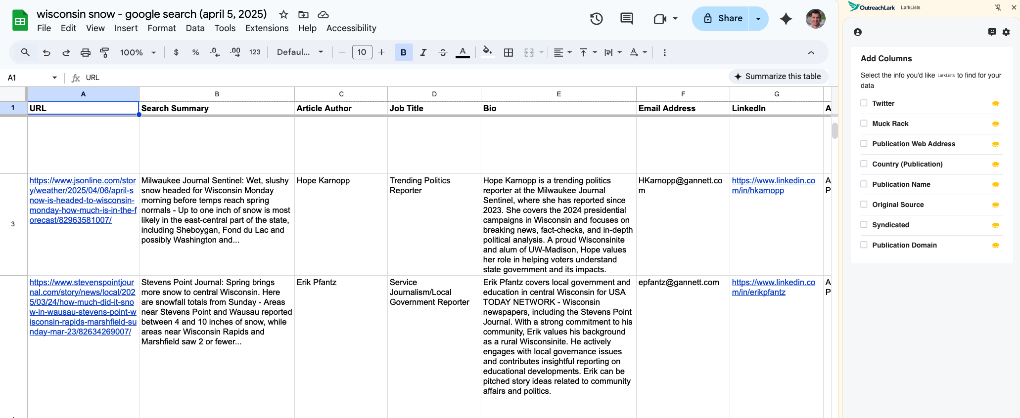 LarkLists google sheet evaluation