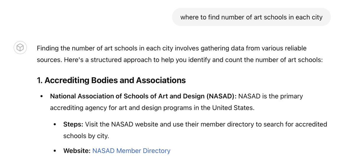 a chatgpt response about where to find art schools in each city