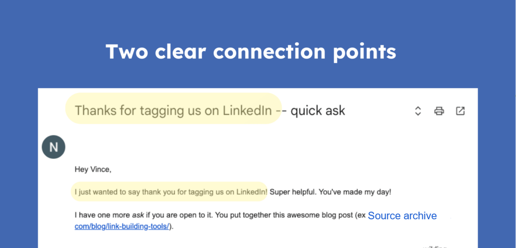 two clear connection points within an outreach email