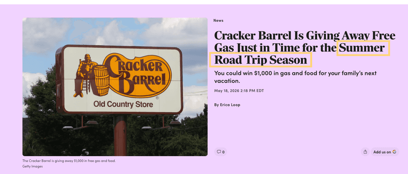 summer road trip cracker barrel is giving away free gas just in time for the summer road trip season