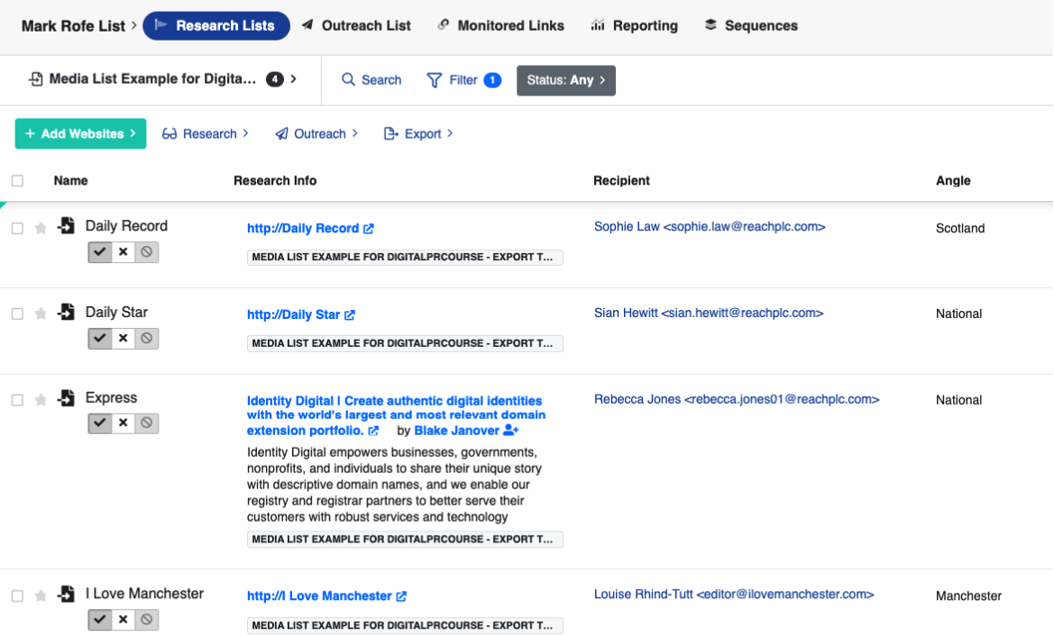 mark rofe research list as it looks in OutreachLark