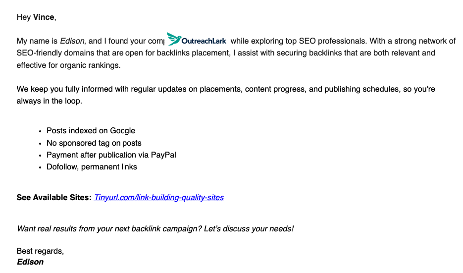 example of a link building transactional email