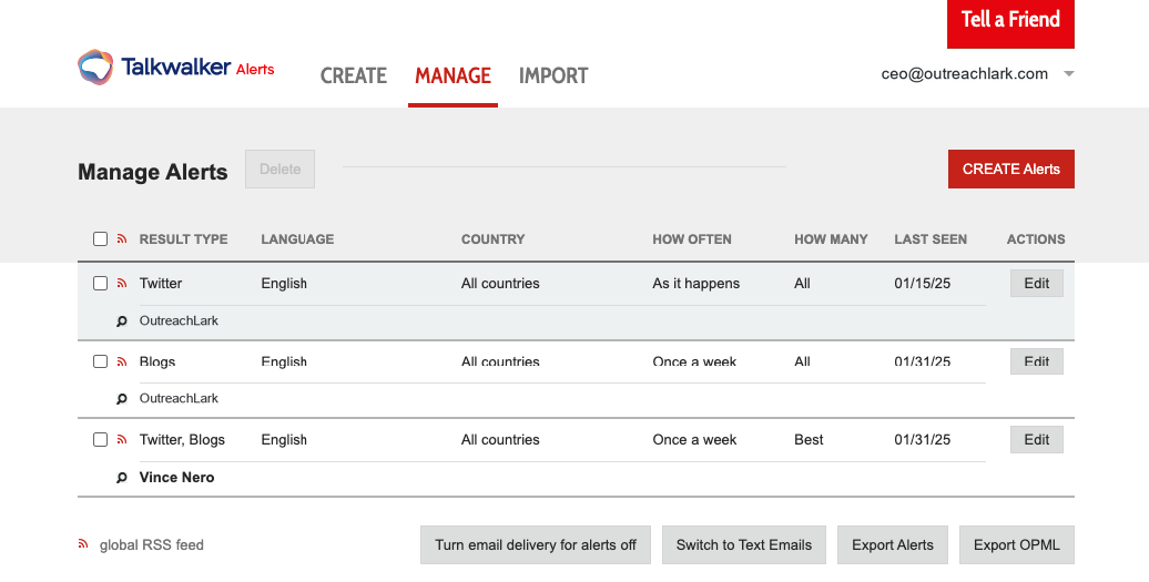 talkwalker alerts dashboard shows several alerts set up