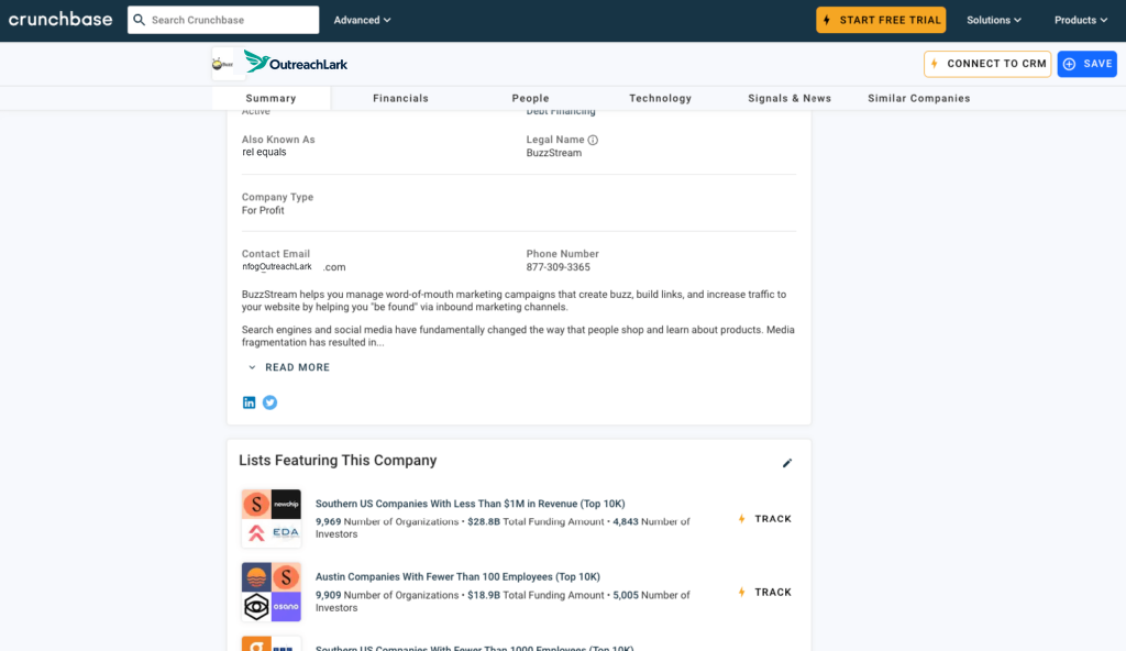 Crunchbase has a generic email for OutreachLark