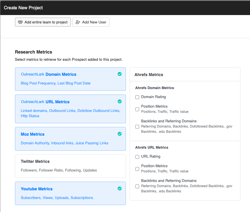 OutreachLark integrates moz metrics directly into the platform