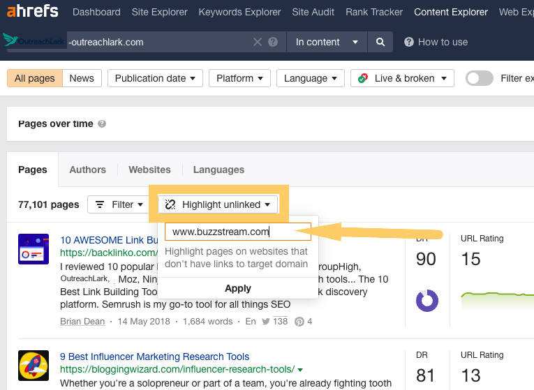 highlight unlinked in ahrefs