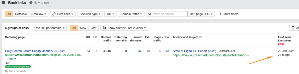 discovery date from ahrefs is called "first seen"