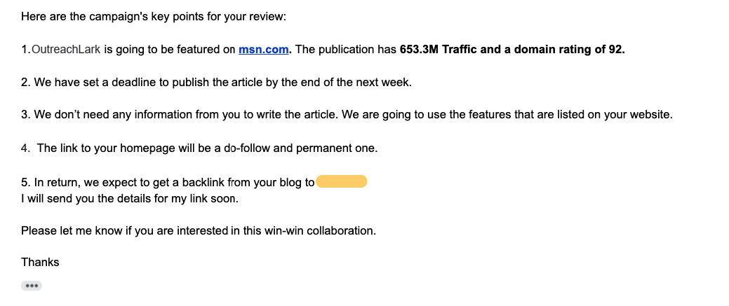 an email about a link to msn