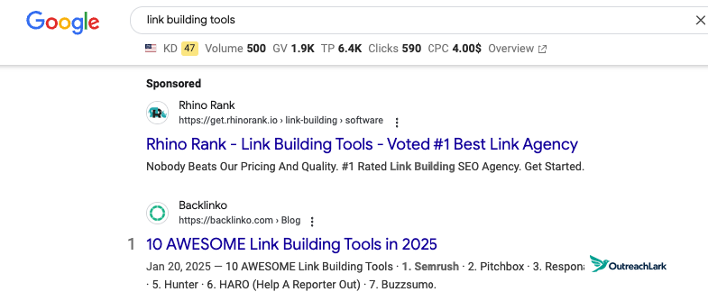 link building tools search finds backlinko ranking first