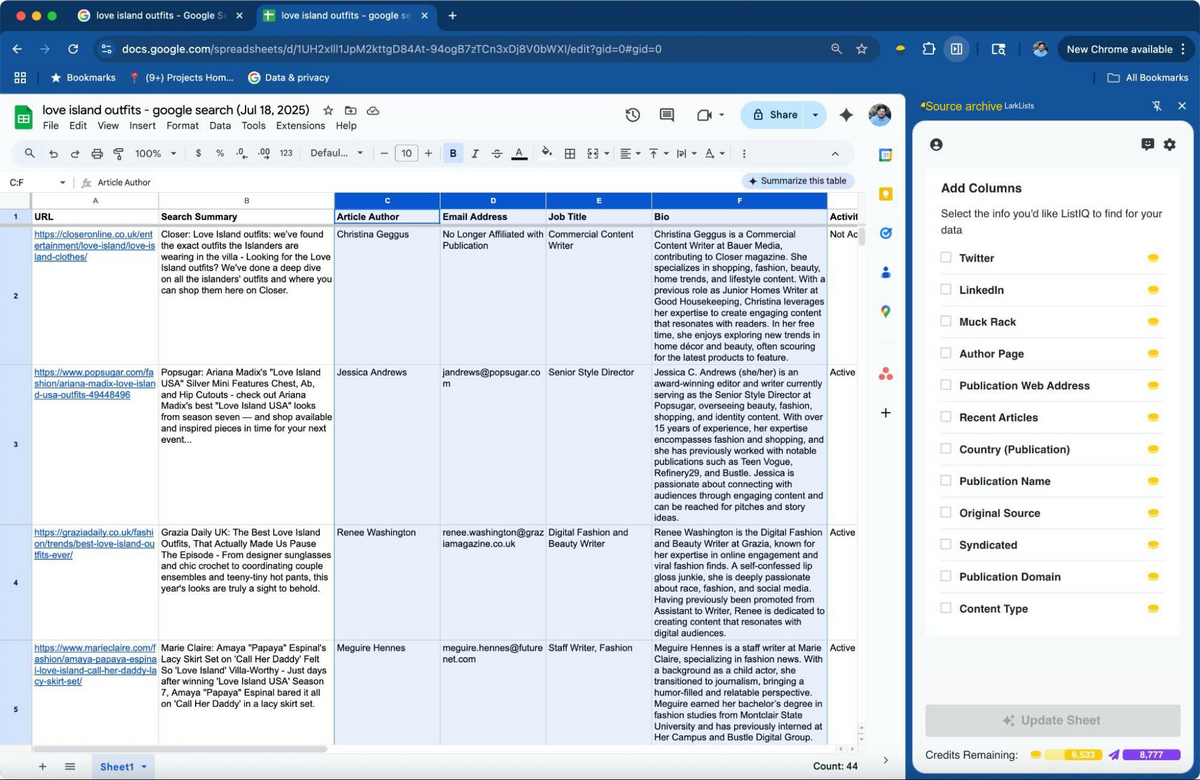 OutreachLark Lists love island outfits SERP exported into google sheets