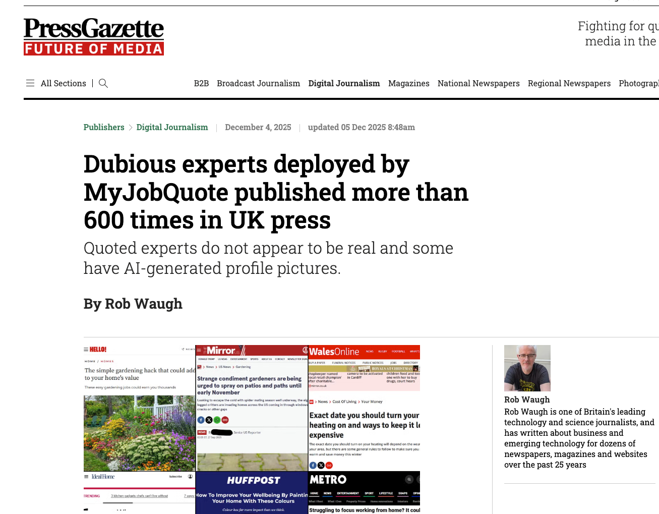 press gazette press gazette - dubious experts deployed by myjobquote published more than 600 times in uk press