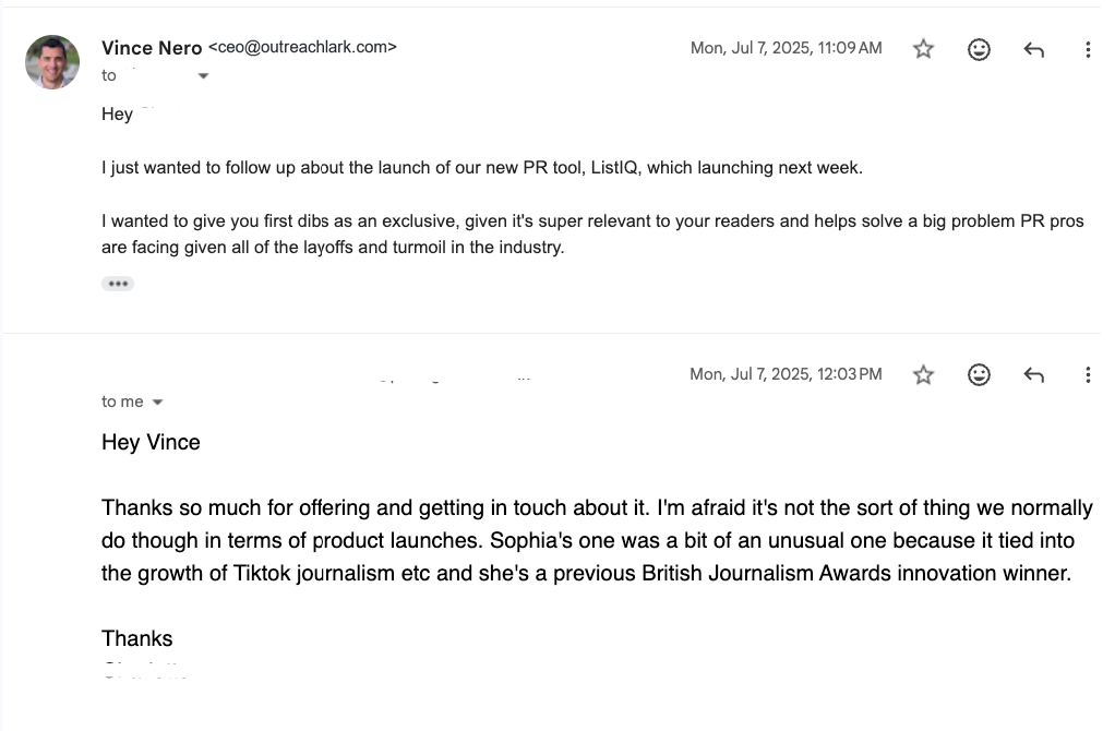 example email vince screenshot of OutreachLark Lists launch