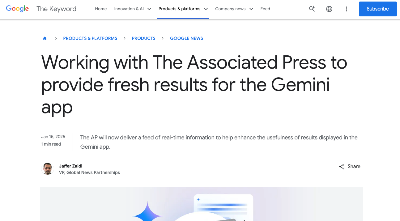 gemini app working with the associated press to provide fresh results for the gemini app